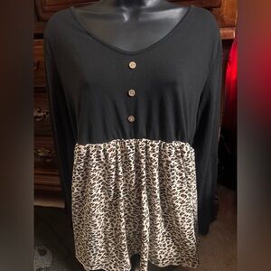 SHEIN Black and Leopard Print Babydoll Blouse